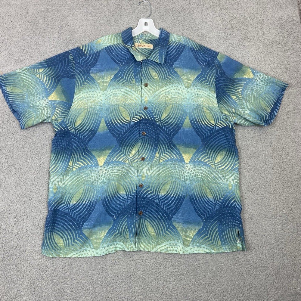 Tommy Bahama Mens XL Tall 100% Silk Hawaiian Shirt Blue Abstract Camp Button Up
